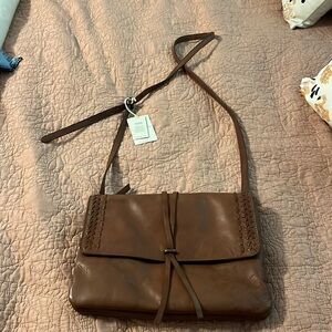 Brown leather handbag, multiple compartments